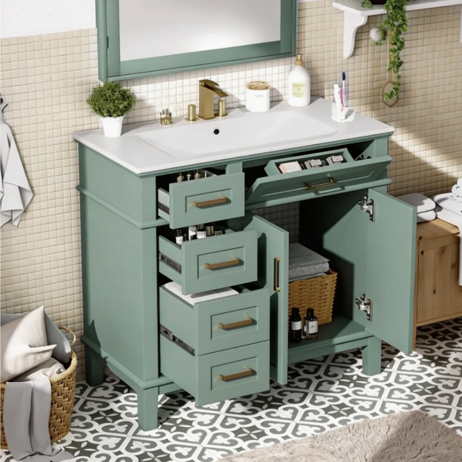 36”W Modern Bathroom Vanity Light Green Vanity For Bathroom With Three Drawers