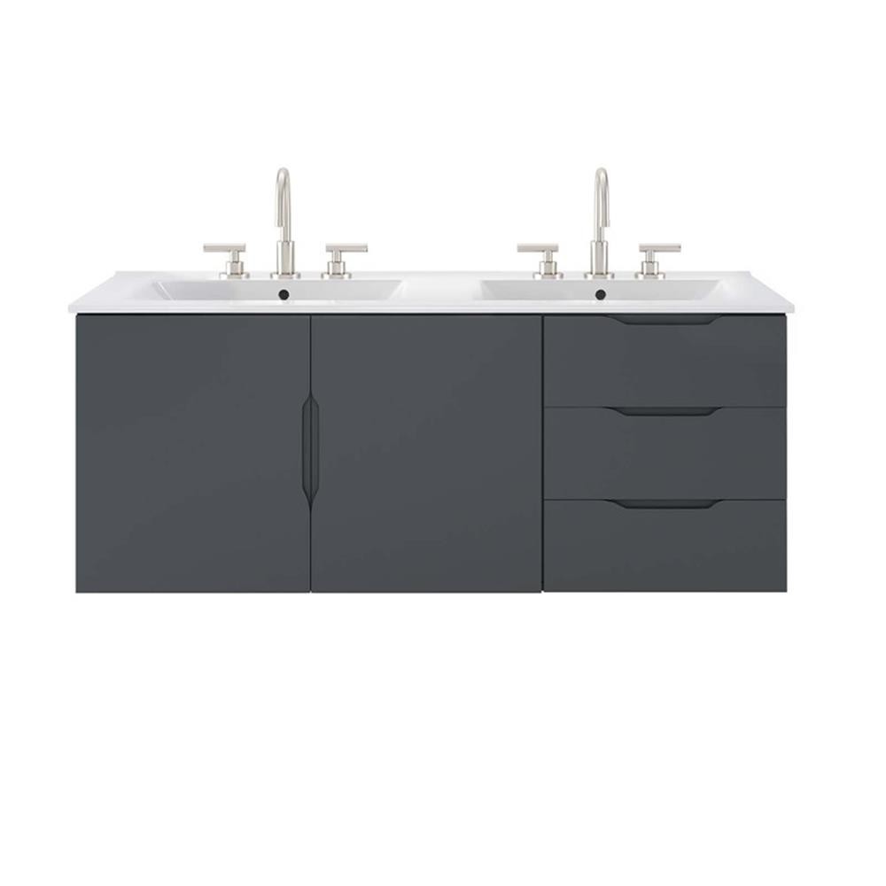 Pemberly Row Modern Wood/Ceramic Double Sink Bathroom Vanity in Gray