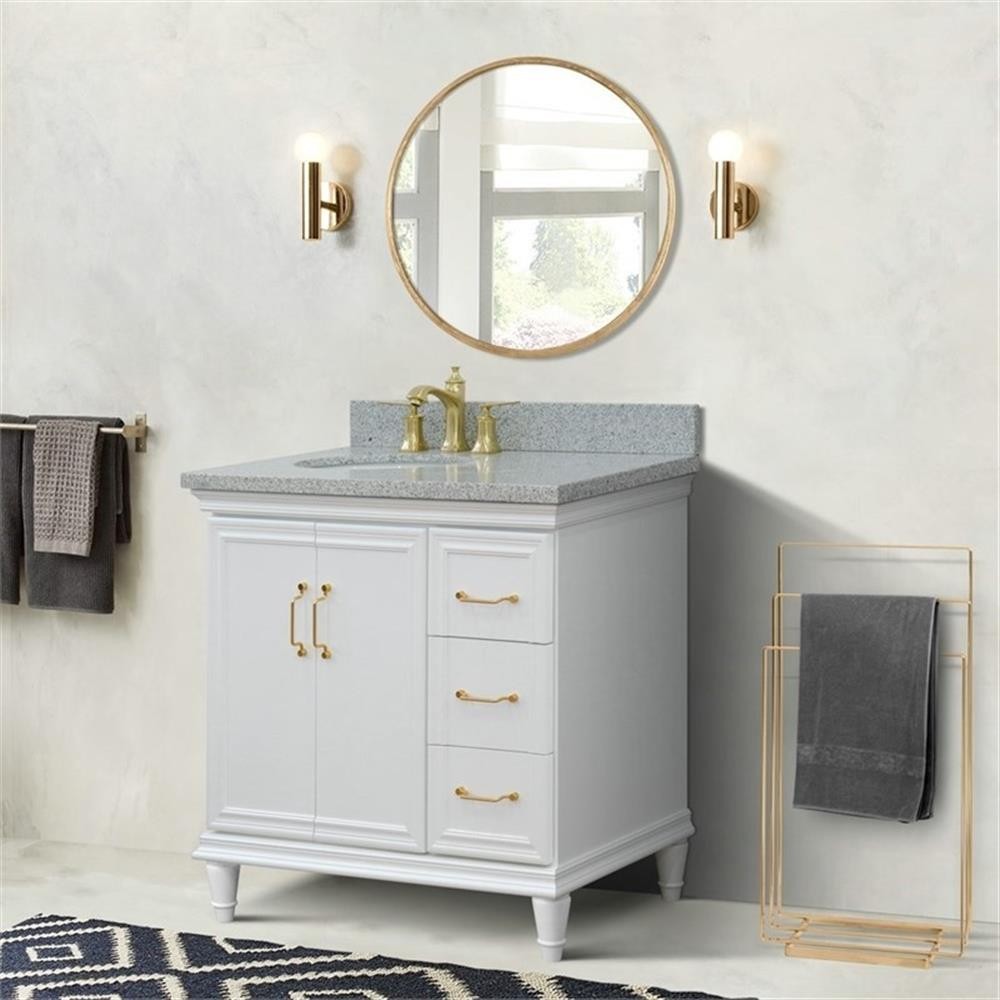37 in. Single Wooden Vanity White Gray Granite Oval Left Door.Left Sink