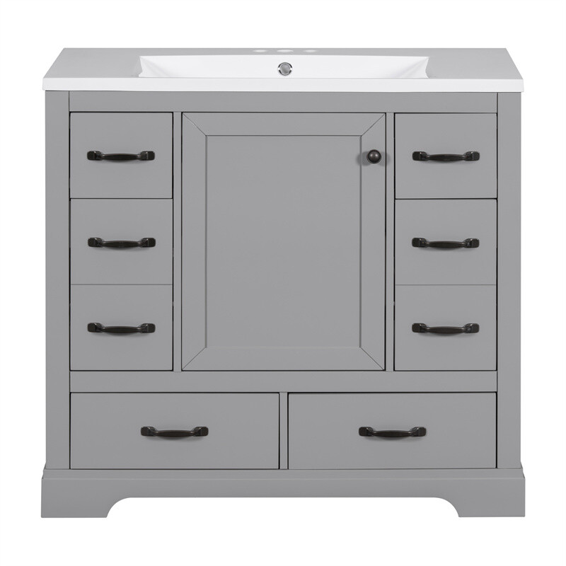 36 Inch Modern Bathroom Vanity with Sink Combo,Six Drawers,Adjustable Shelf,Grey