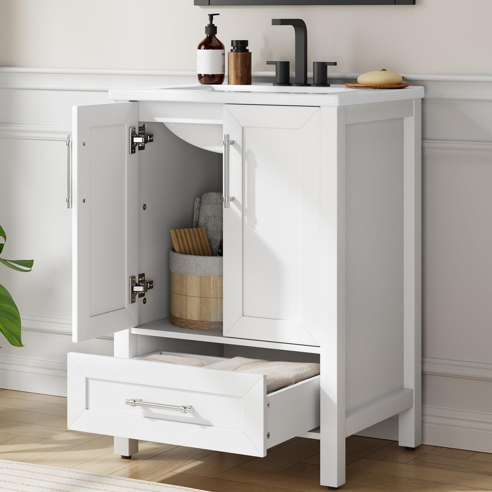 Farmhouse Bathroom Sink Cabinet Freestanding, Storage Vanity w/ Soft-Close Door