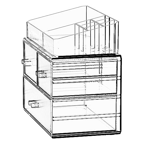 Stackable Cosmetic Organizer, Acrylic Cosmetic (1 Base, 2 Drawers) with Top