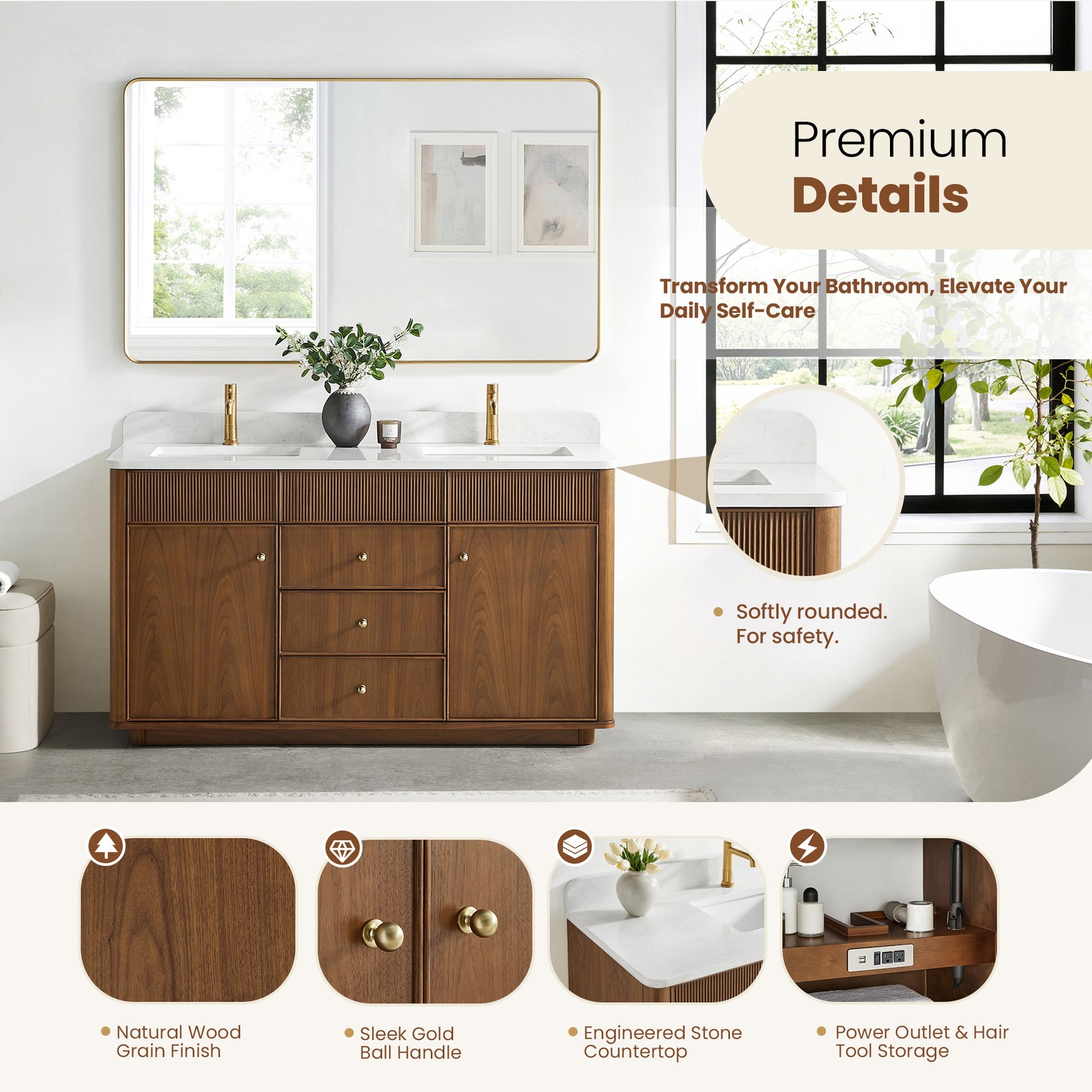 Zogno 60″ Double Sink Bath Vanity in Natural Walnut with White Grain Stone Top