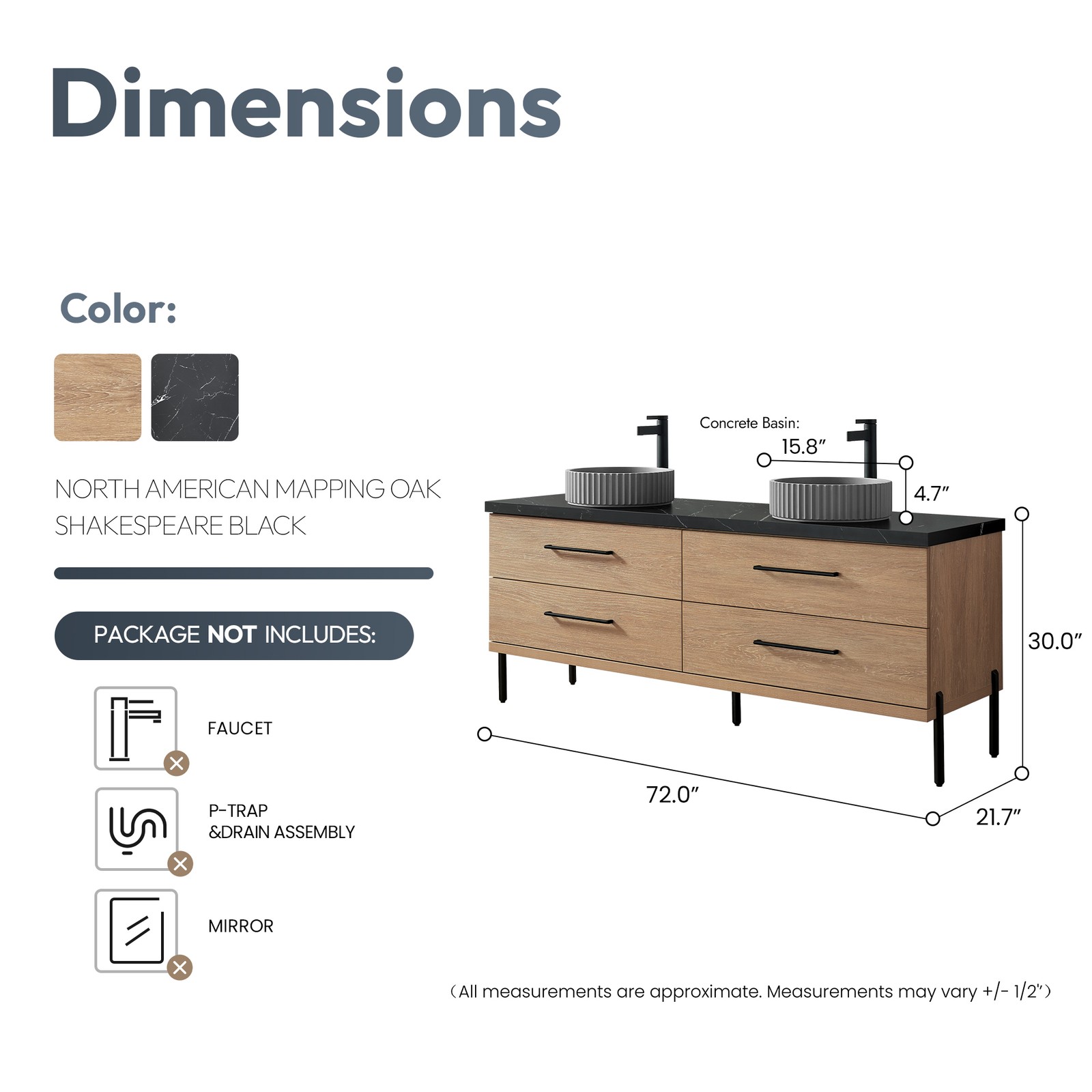 Trento 72″ Double Bath Vanity with Black Sintered Stone Top with Concrete Sink