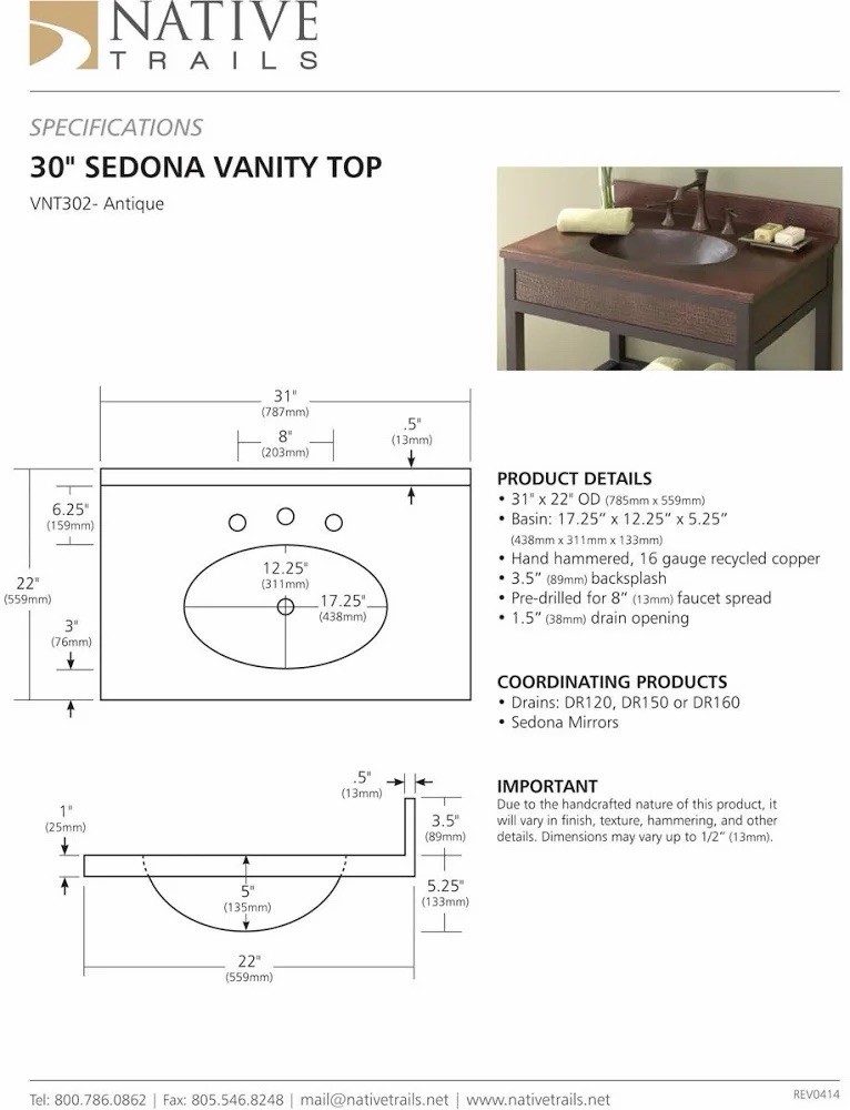 Native Trails Sedona Reclaimed Antique Copper 30-inch Vanity Top With Sink- NEW