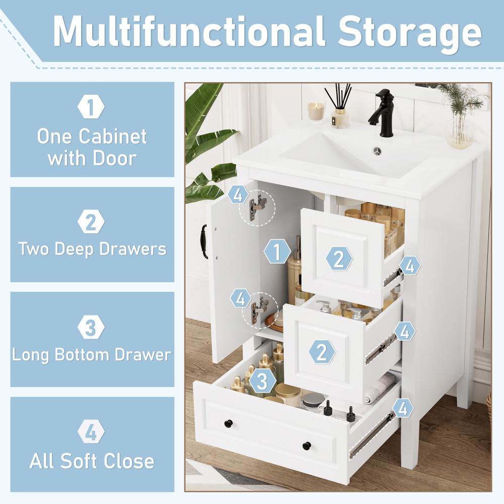 24 inch Bathroom Vanity with Sink, One Cabinet with Soft-closing Door