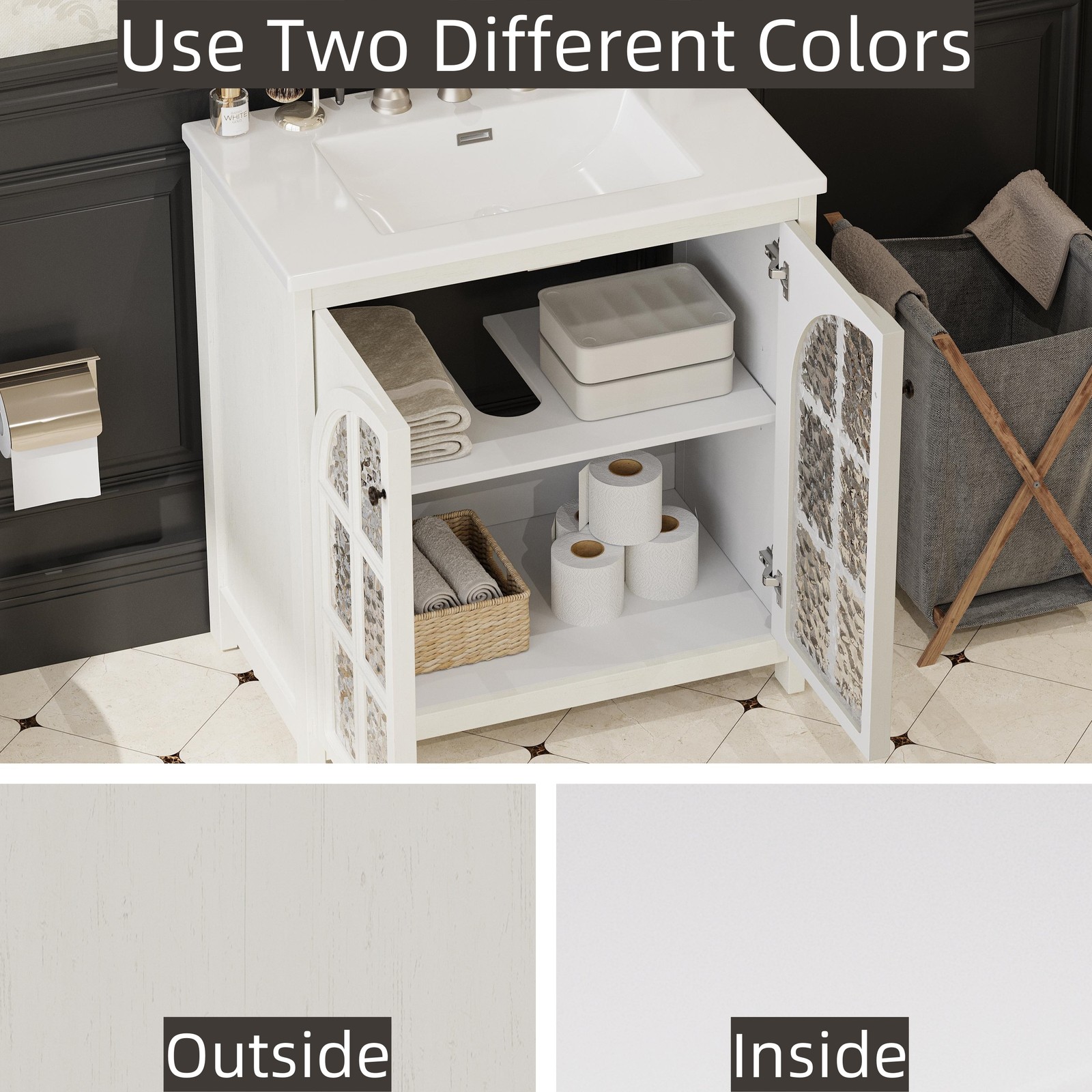 Farmhouse Bathroom Vanity with Ceramic Sink，Storage Cabinet w/Soft-Closing Doors