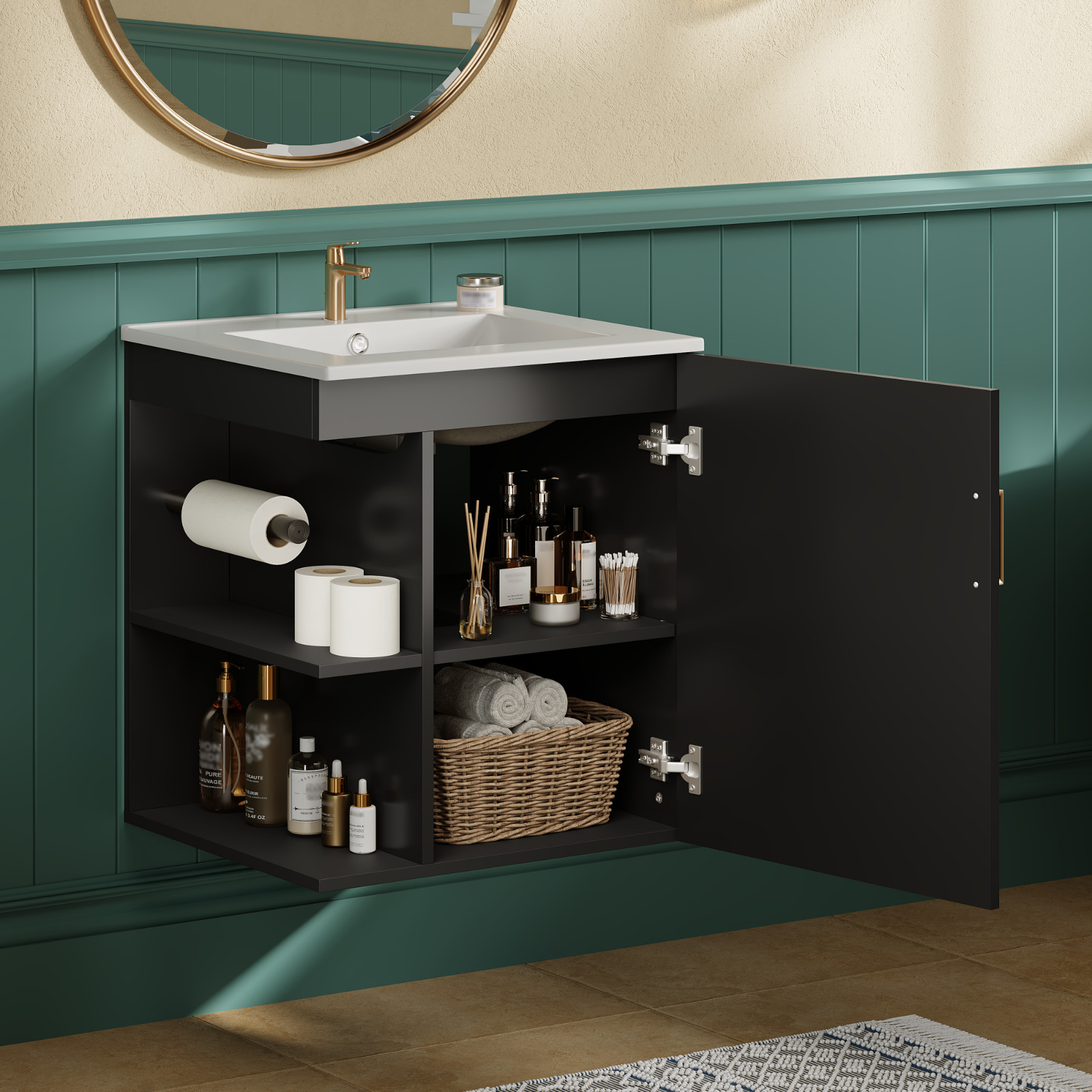 20″ Wall Mounted Bathroom Vanity Storage Cabinet With Sink Door Open Shelves