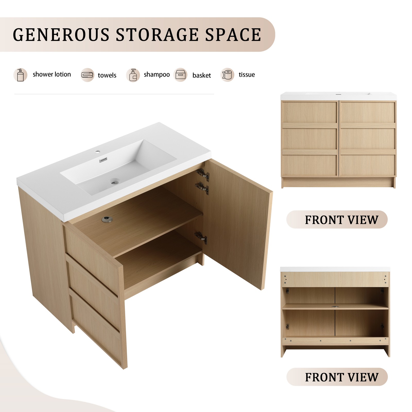 42 Inch Plywood Freestanding Bathroom Vanity Cabinet 2 Doors With Resin Sink Oak