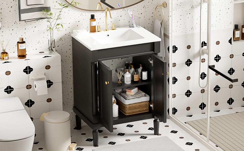 24″ Bathroom Vanity with Sink, Modern 2-Tier Storage Cabinet, Black
