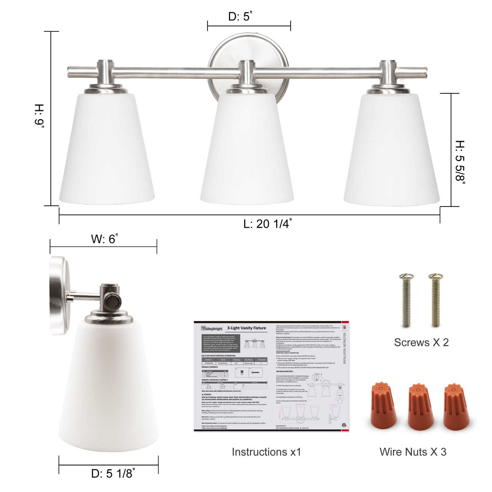 Lucere modern Vanity Wall Sconce LED 3-Light Bathroom Opal Glass shade fixtures