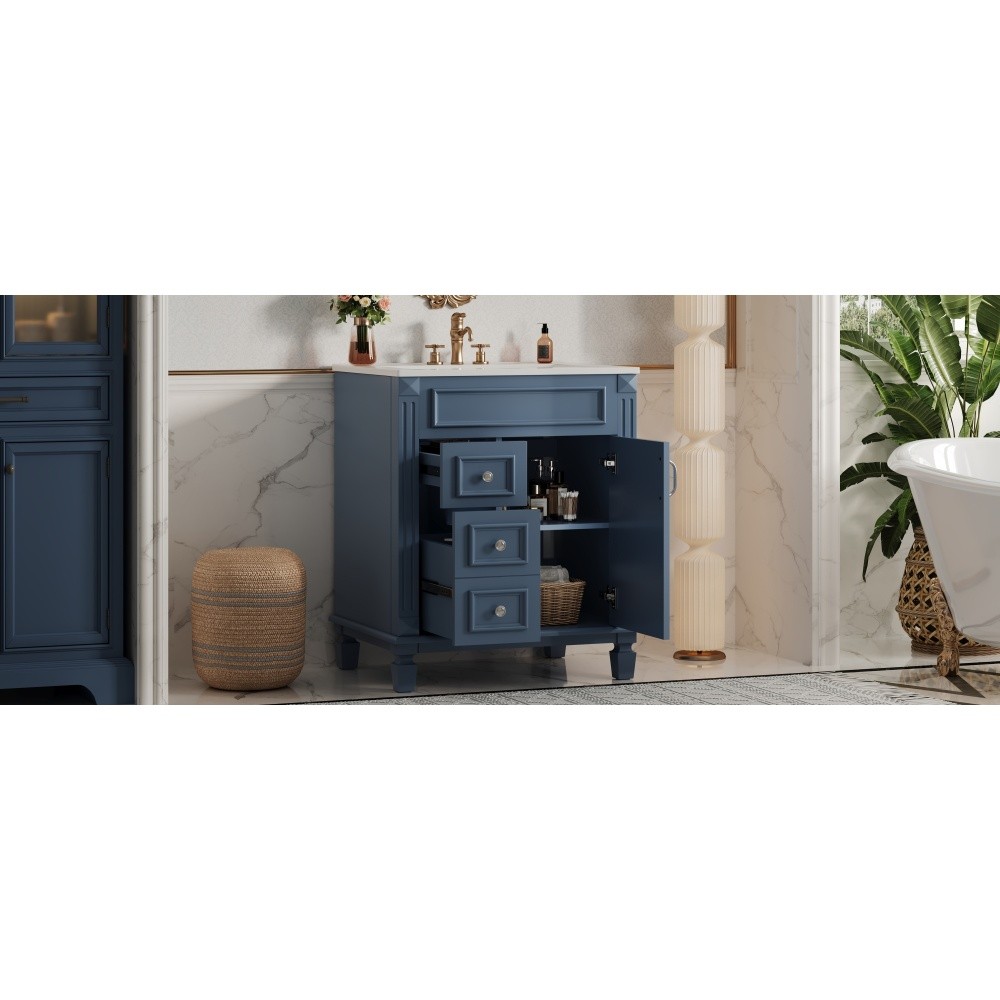 24 Inch Modern Blue Bathroom Vanity with Ceramic Sink Solid Wood MDF Cabinet