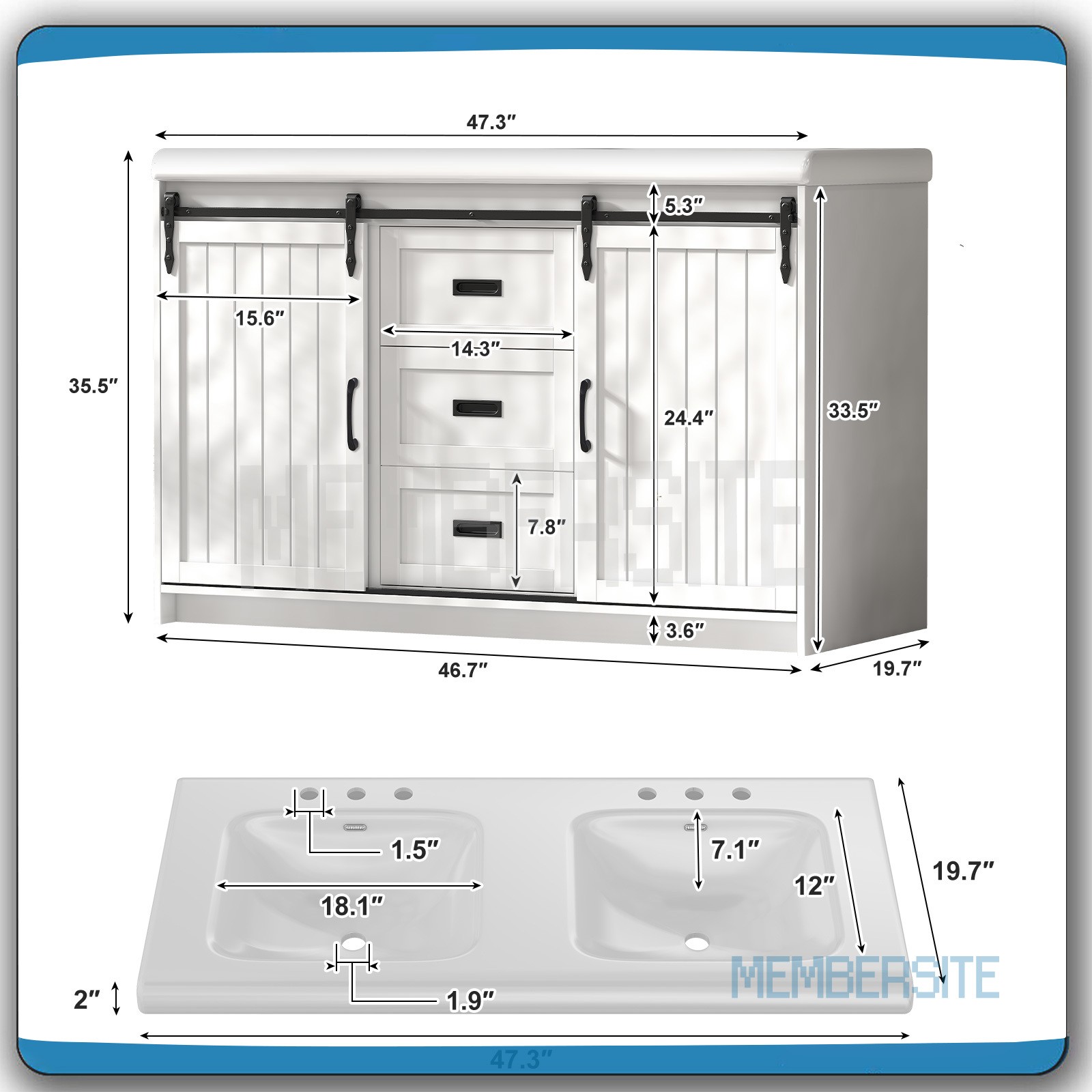 Bathroom Vanity 47.3″ Bathroom Sink Cabinet w/Sinks and Sliding Doors ,2 Drawers