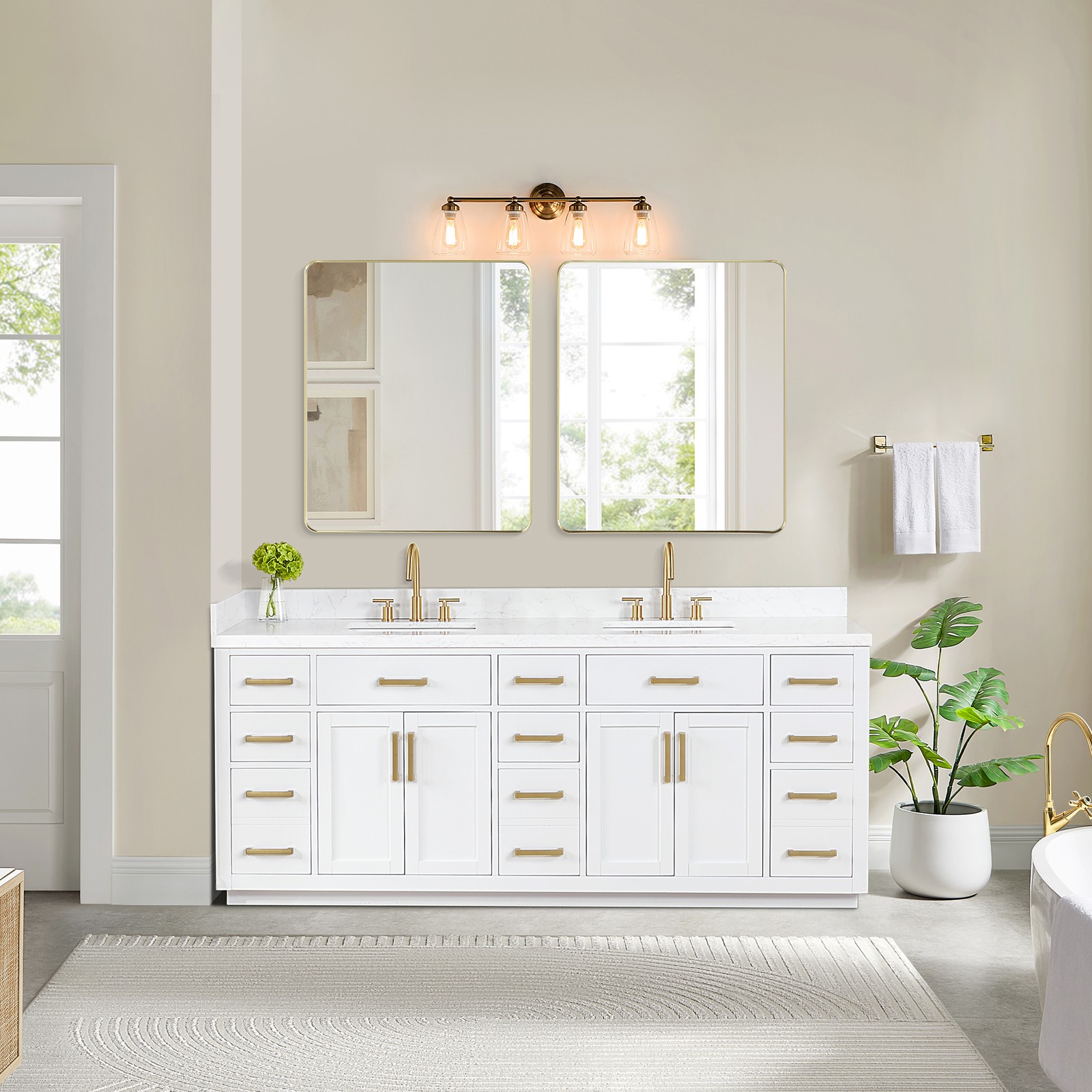 Gavino 84″ Wood Vanity in White with Composite Stone Top no Mirror