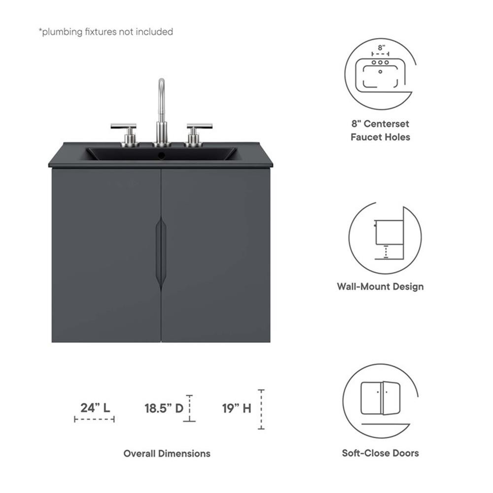 Pemberly Row 23″ Modern Wood/Ceramic Bathroom Vanity in Gray/Black