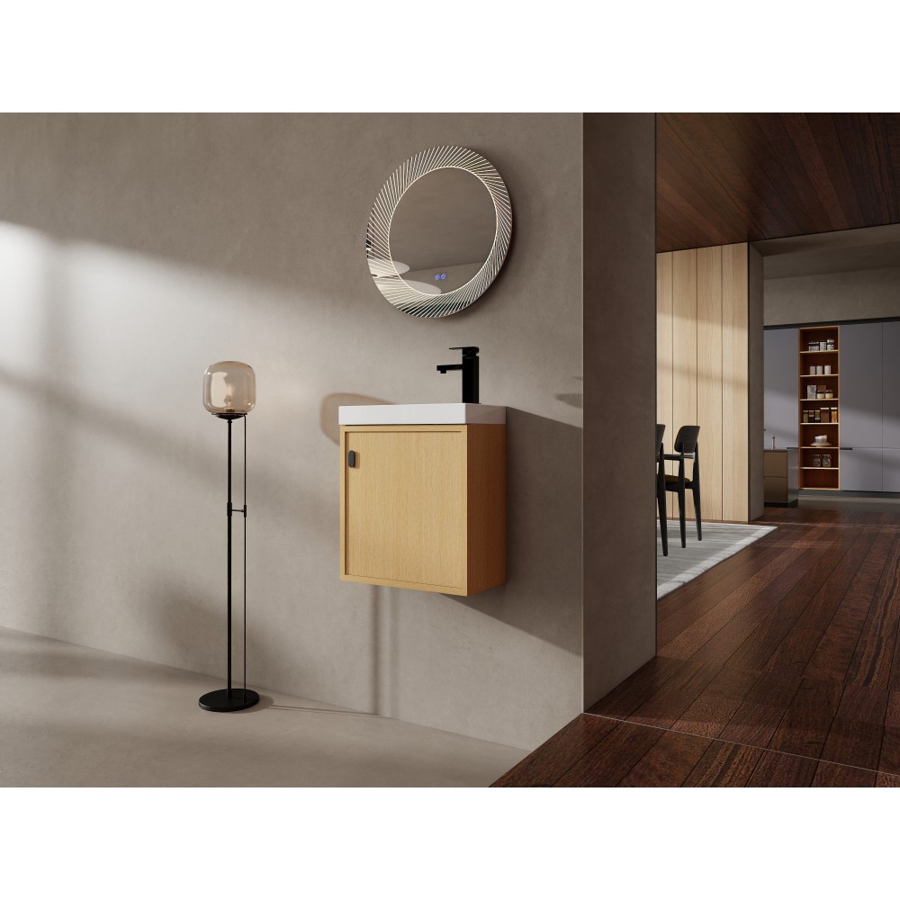 18.5-inch wall-mounted bathroom vanity overhangs to save space