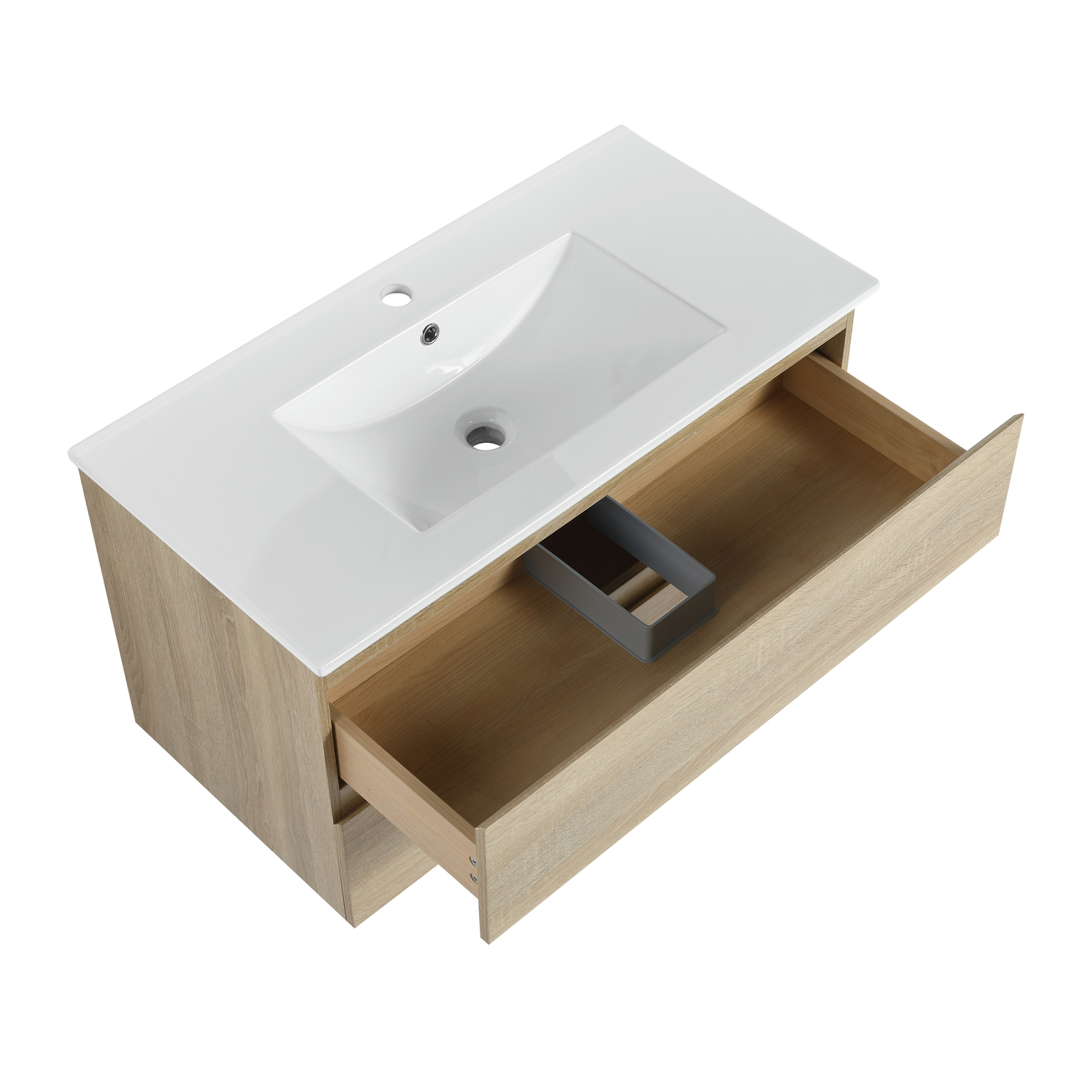 36″ Wood Wall Mounted Bathroom Vanity W/ 2 Drawers +Ceramic Sink Basin Light Oak