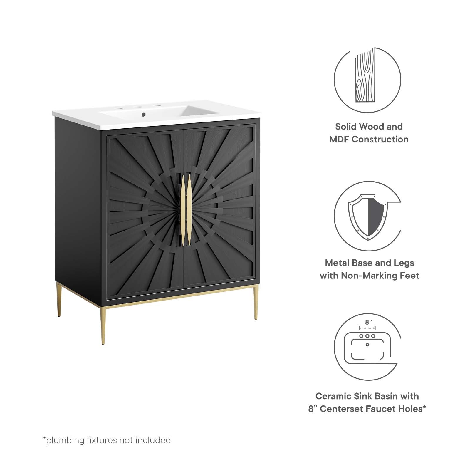 Modway Awaken 30″ Bathroom Vanity Cabinet in White Black With Ceramic Sink Basin