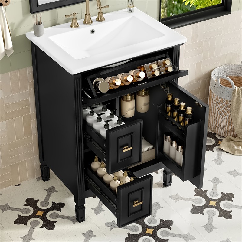 24-In Modern Bathroom Vanity with Ceramic Sink,Black Wood Cabinet with 3 Drawers