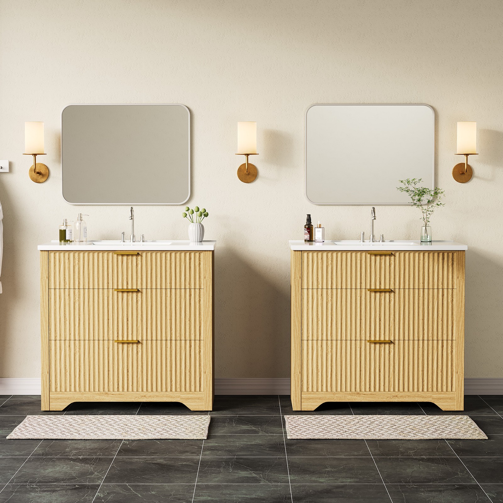 36” Fluted Bathroom Vanity Modern Freestanding Cabinet with Sink & 3 Drawers