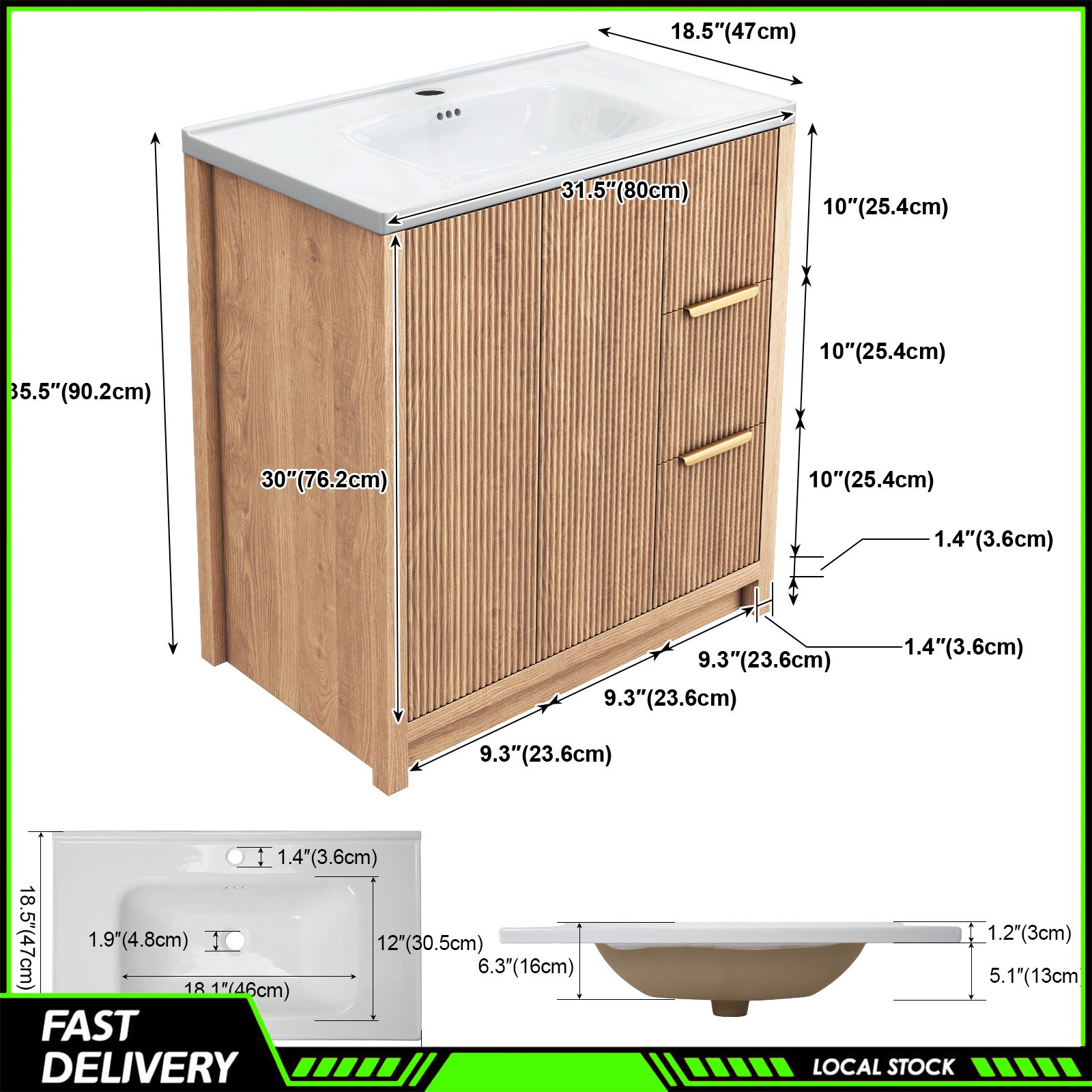 31″ Storage Cabinet Ceramic Sink Bathroom Vanity W/ Drawers Bathroom Cabinet Set