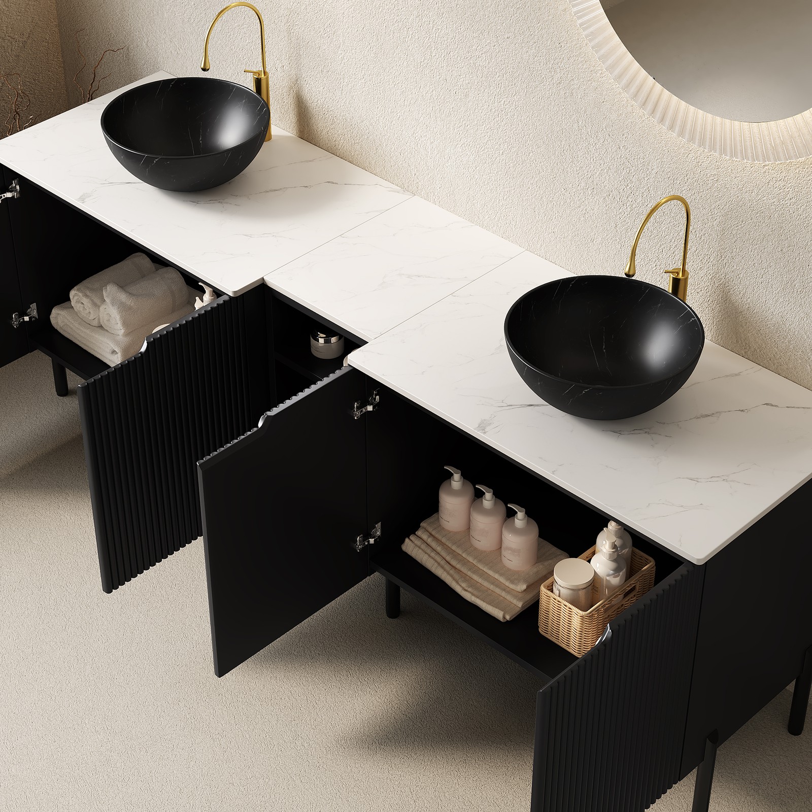 72″ Freestanding Double Bathroom Vanity with Sinks Black Carrara White