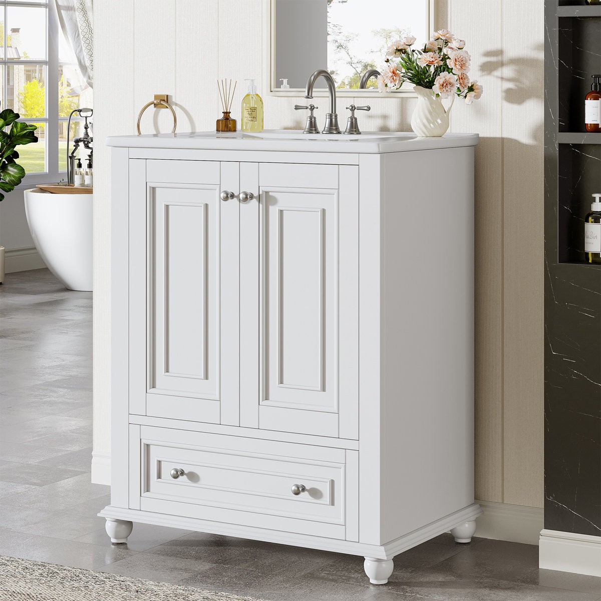 24 inch Bathroom Vanity with Ceramic Sink Combo Cabinet with 2 Doors & 1 Drawer