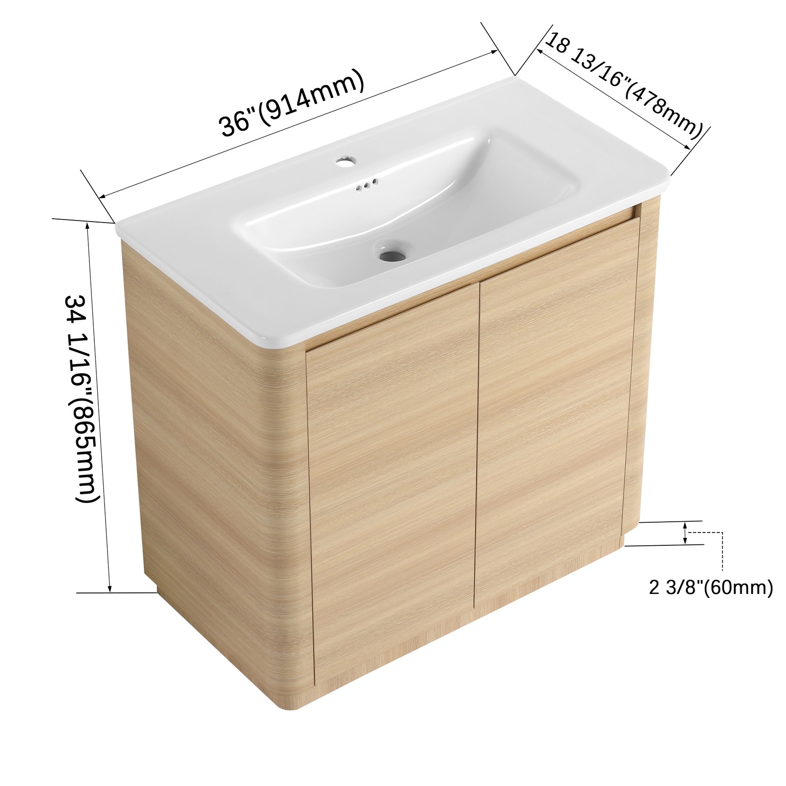 36” Plywood Freestanding Bathroom Vanity W/White Ceramic Sink 2 Doors Oak Color