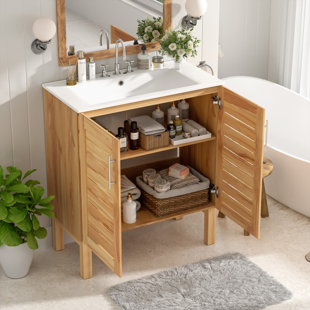 Bathroom Vanity with Ceramic Sink Features 2 Doors and Ample Storage Space