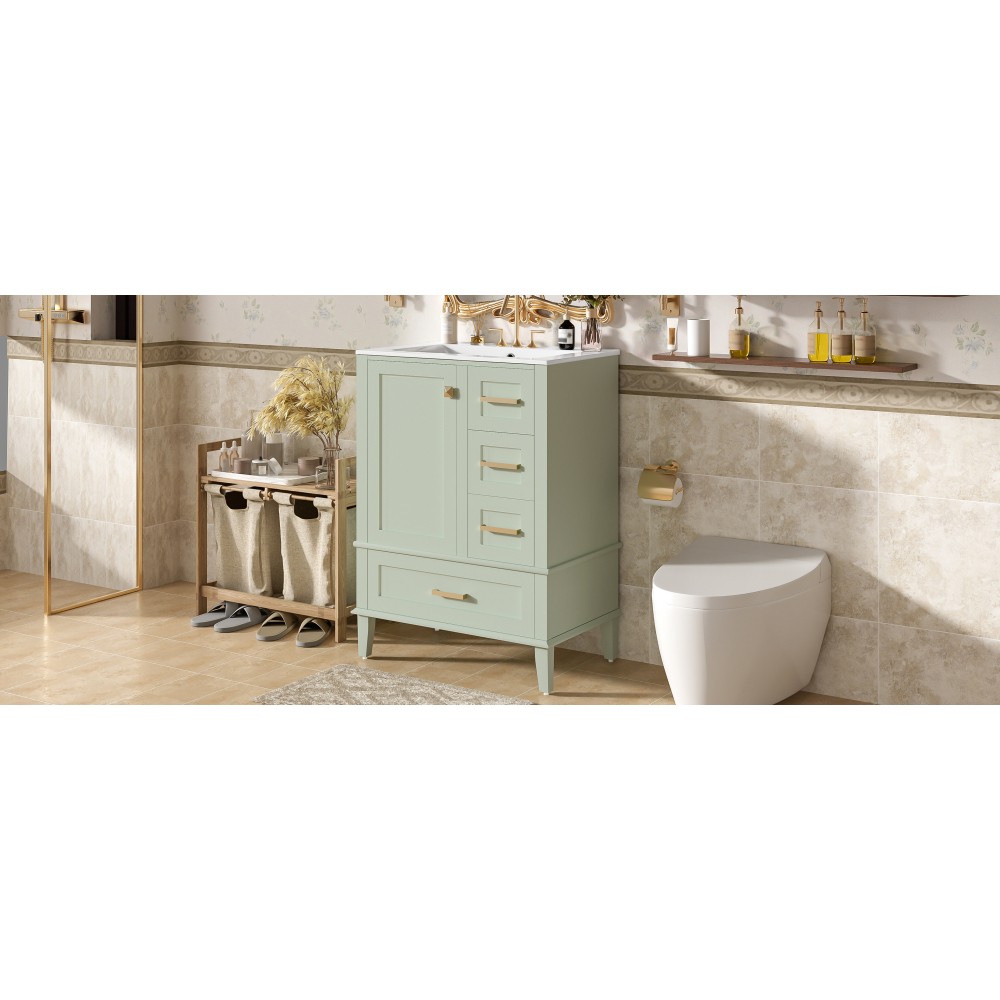 24.8″ Solid Wood MDF Bath Vanity Ceramic Sink Soft Close Door 3 Drawers Storage