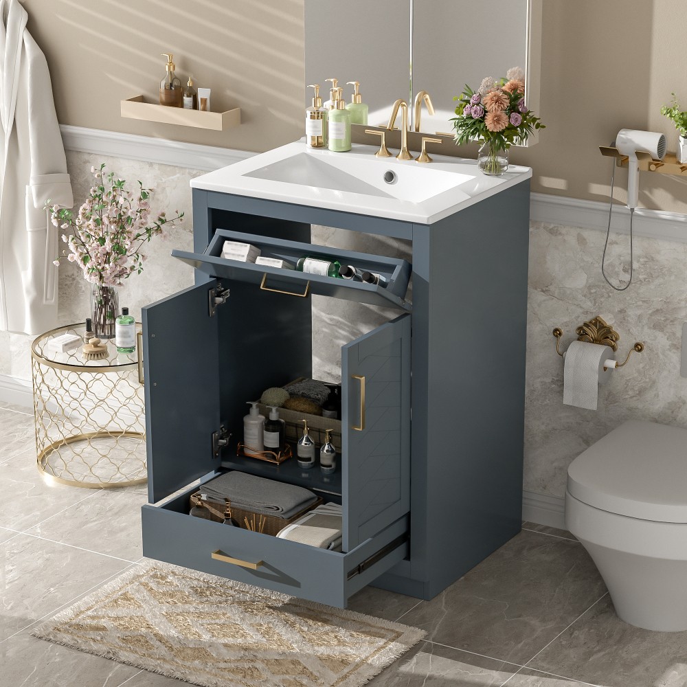 24in Bathroom Vanity Integrated Ceramic Sink 2 Doors 1 Tip-out Drawe