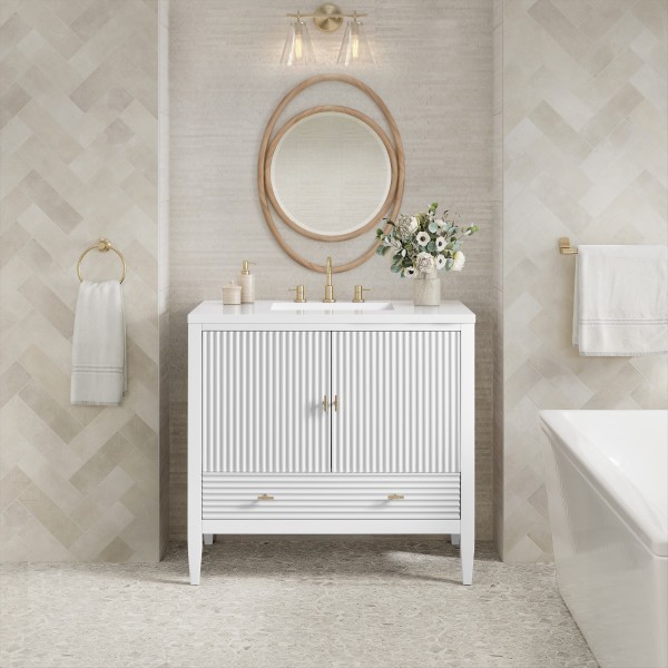 36″ James Martin Myrrin 485-V36-BW-3WZ Vanity Cabinet White Zeus Silestone Top