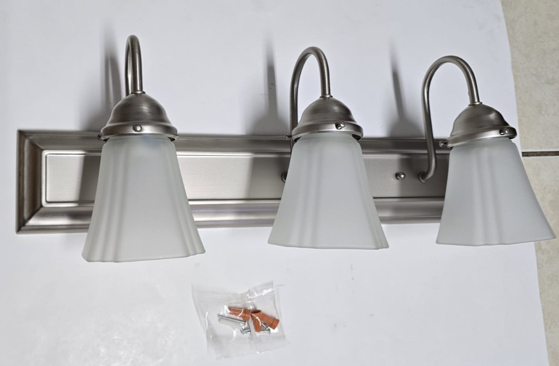 Seasons 24″ 3-Light Vanity Fixture, Satin Nickel, Frosted Glass/ NEW Open Box