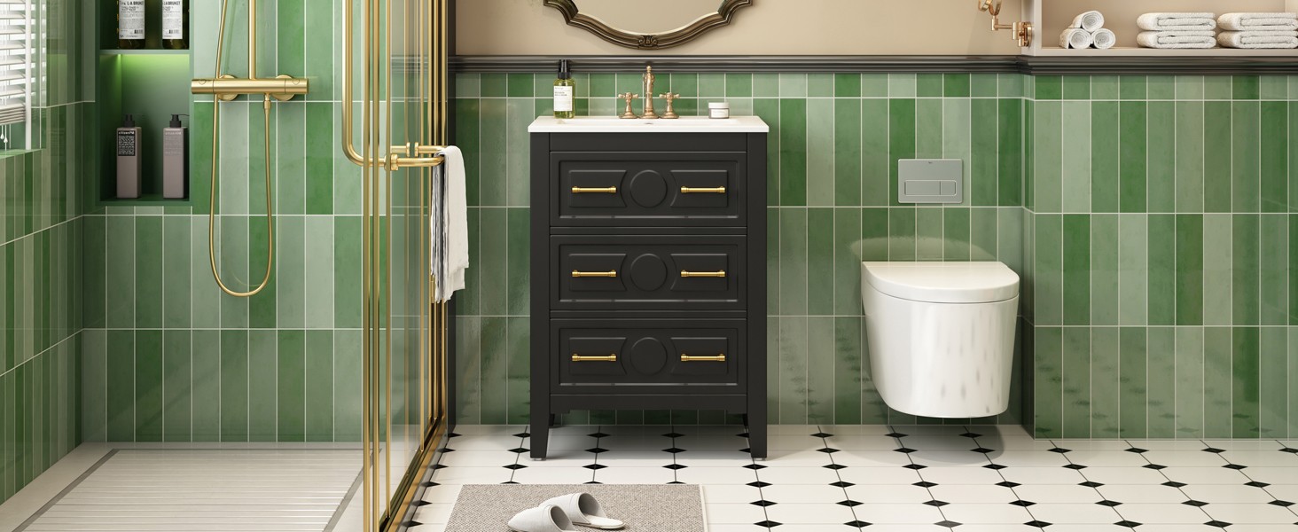 24” Bathroom Vanity with Ceramic Sink, 3 Drawers, Solid Wood Frame Retro Black
