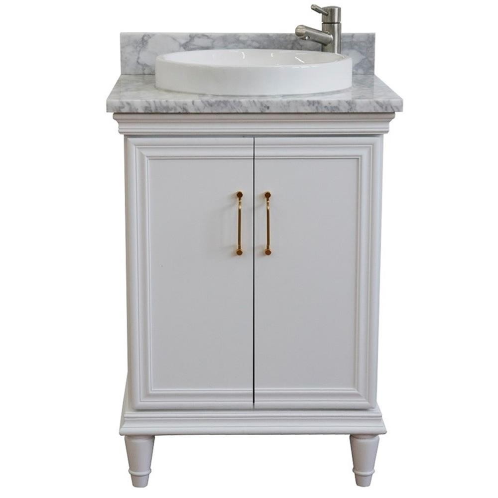 25 in. Single Wooden Vanity White with White Carrara Round Sink