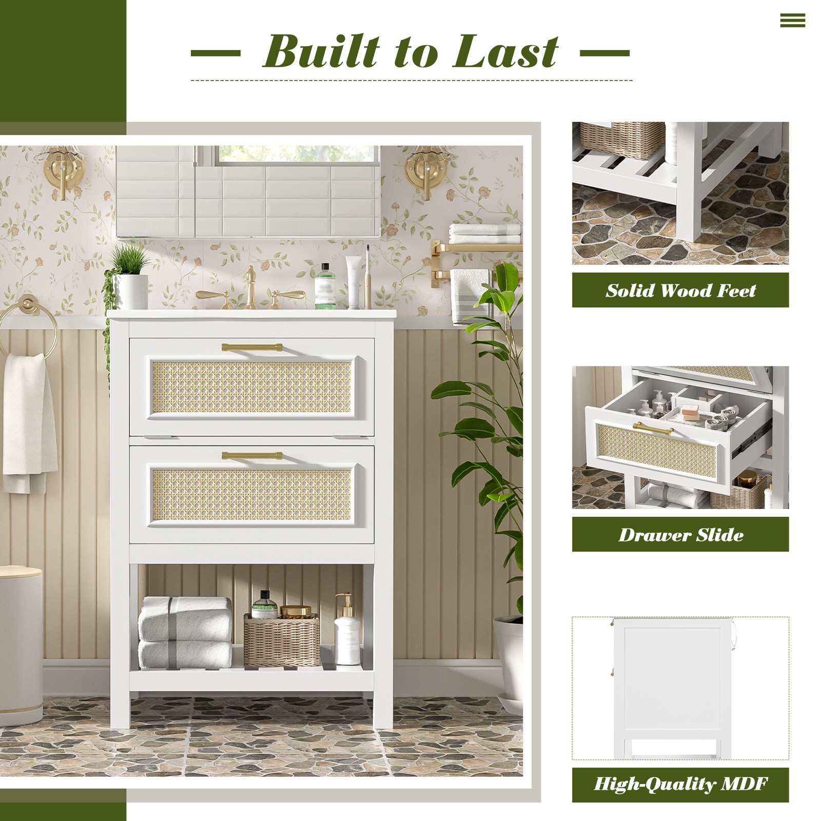 FUNIDEE 24″ Bathroom Vanity with Ceramic Sink Storage Cabinet w/ Tip-Out Drawer
