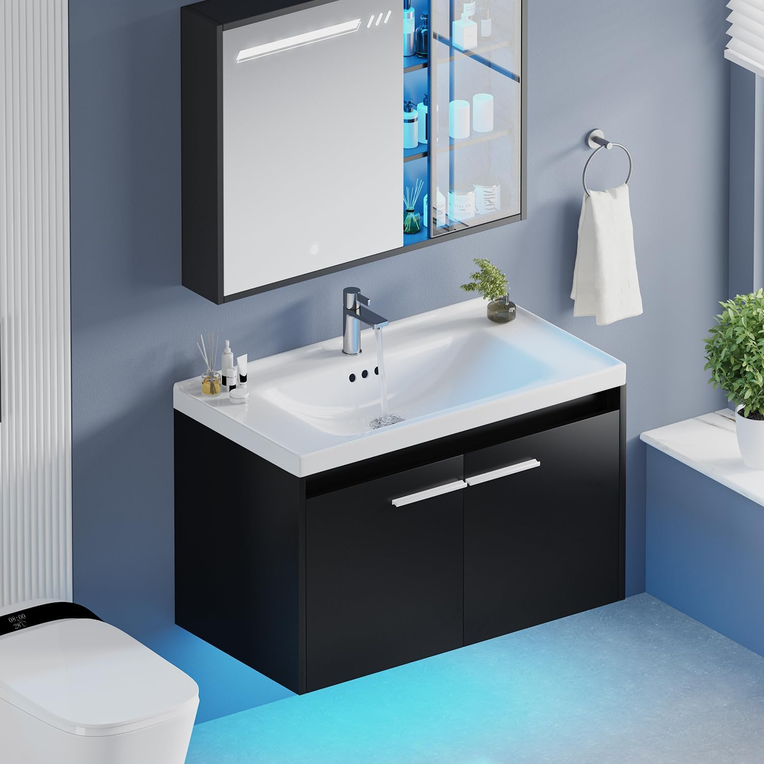 4Ever2Buy 31″ Black Floating Vanity w/ Sink LED Light 2 Doors
