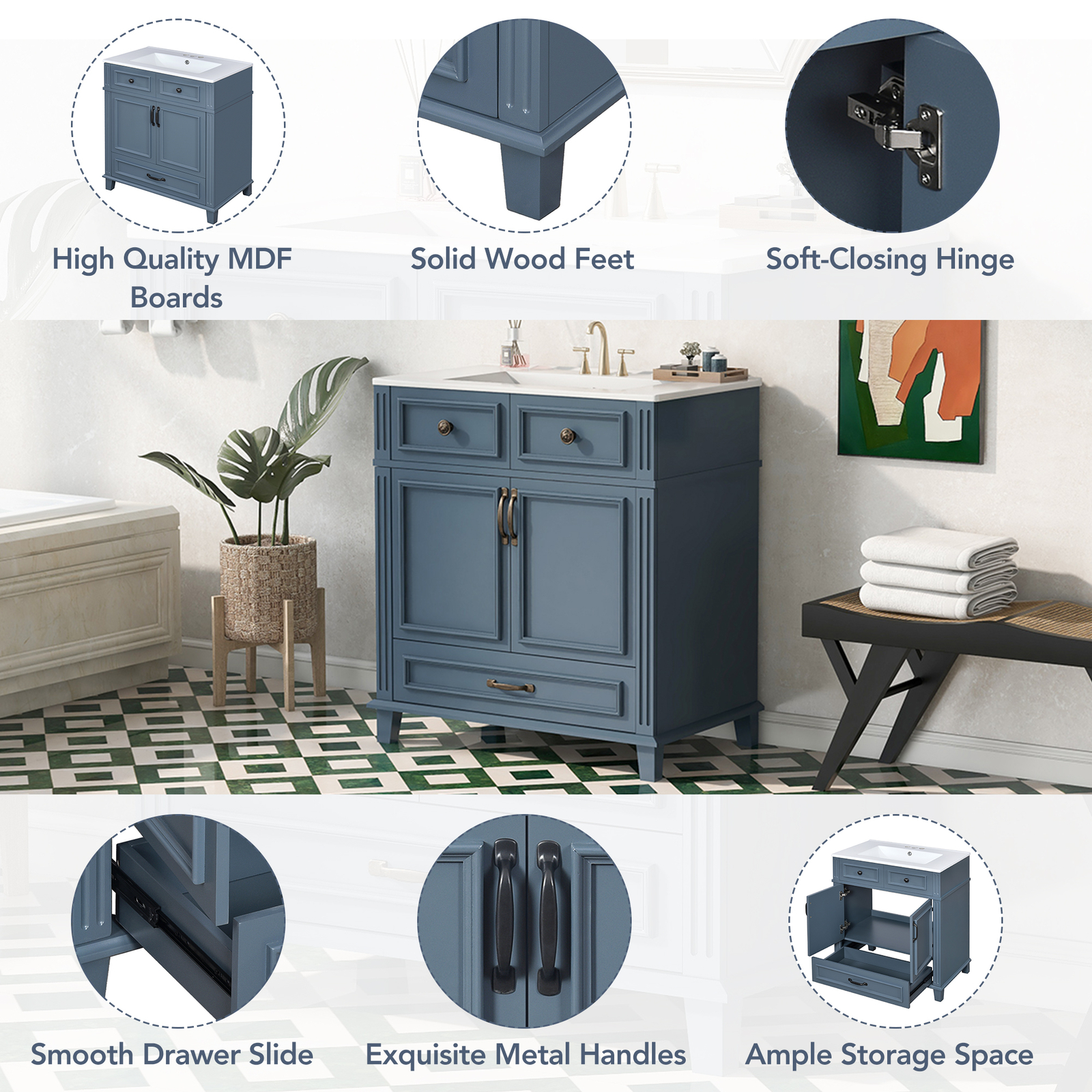 30” Bathroom Vanity with Ceramic Sink,Solid Wood Frame Bathroom Storage Cabinet