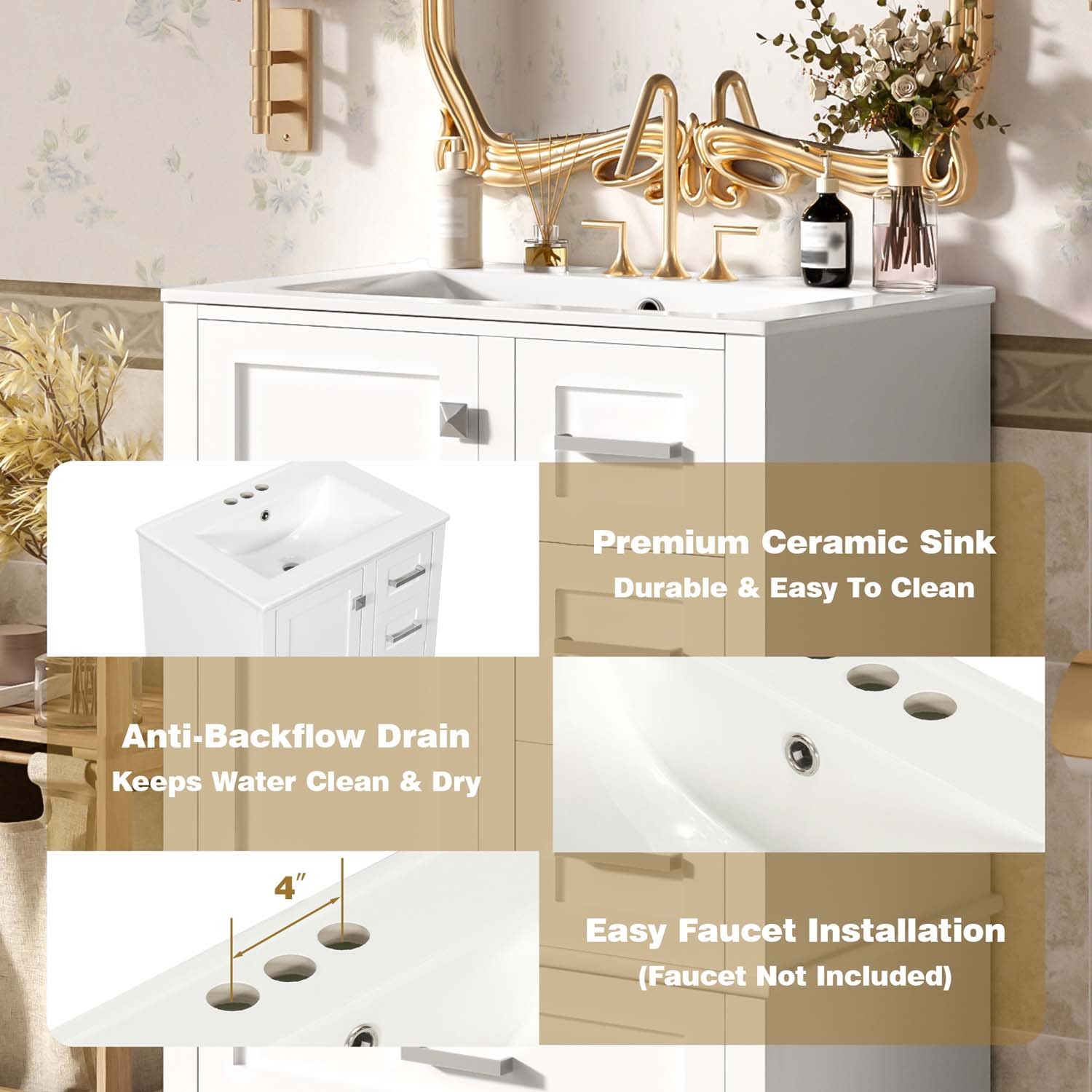 25″ Bathroom Vanity & Sink Freestanding Modern Cabinet Soft-Close Door 3 Drawers
