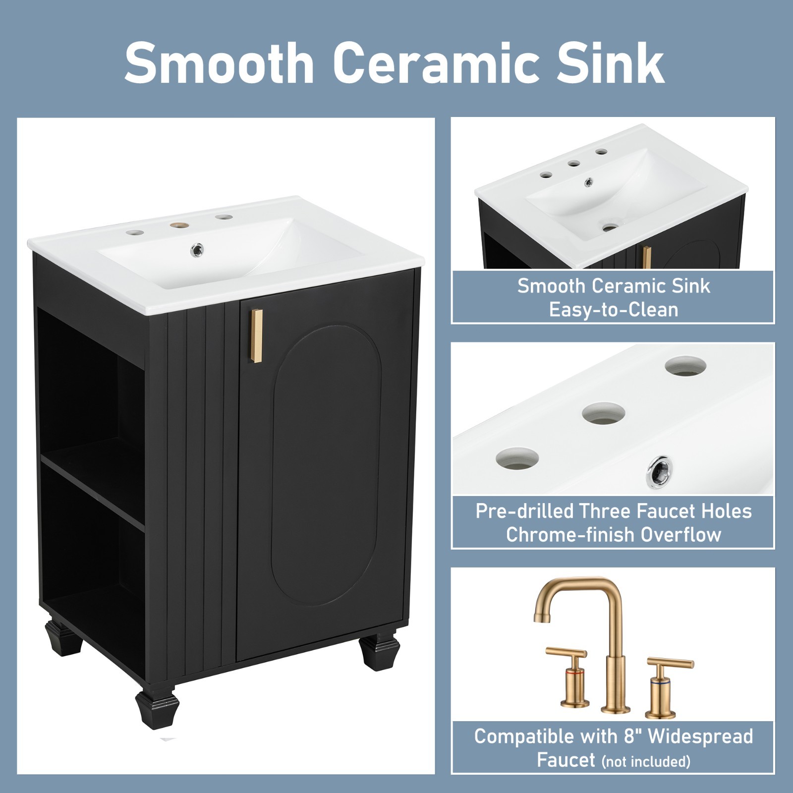 24″ Bathroom Vanity Storage Cabinet w/ Ceramic Sink Door Shelf Solid Wood Frame