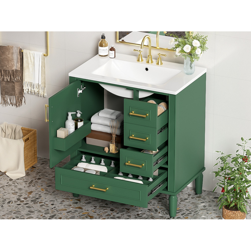 30″ Green Bathroom Vanity Ceramic Sink Soft Close Door 3 Drawers Storage Cabinet