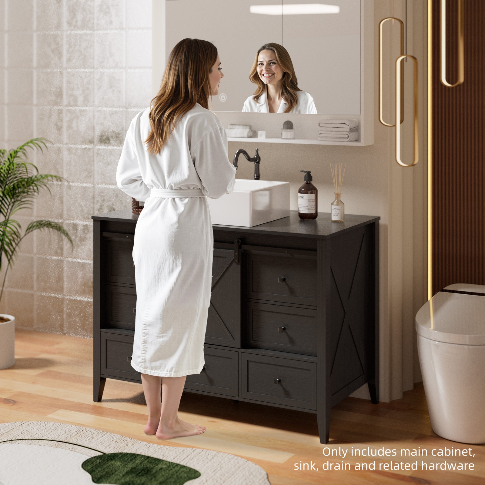 48” Bathroom Vanity w/ Single Sink Ceramic Freestanding Cabinet 7 Drawers & Door