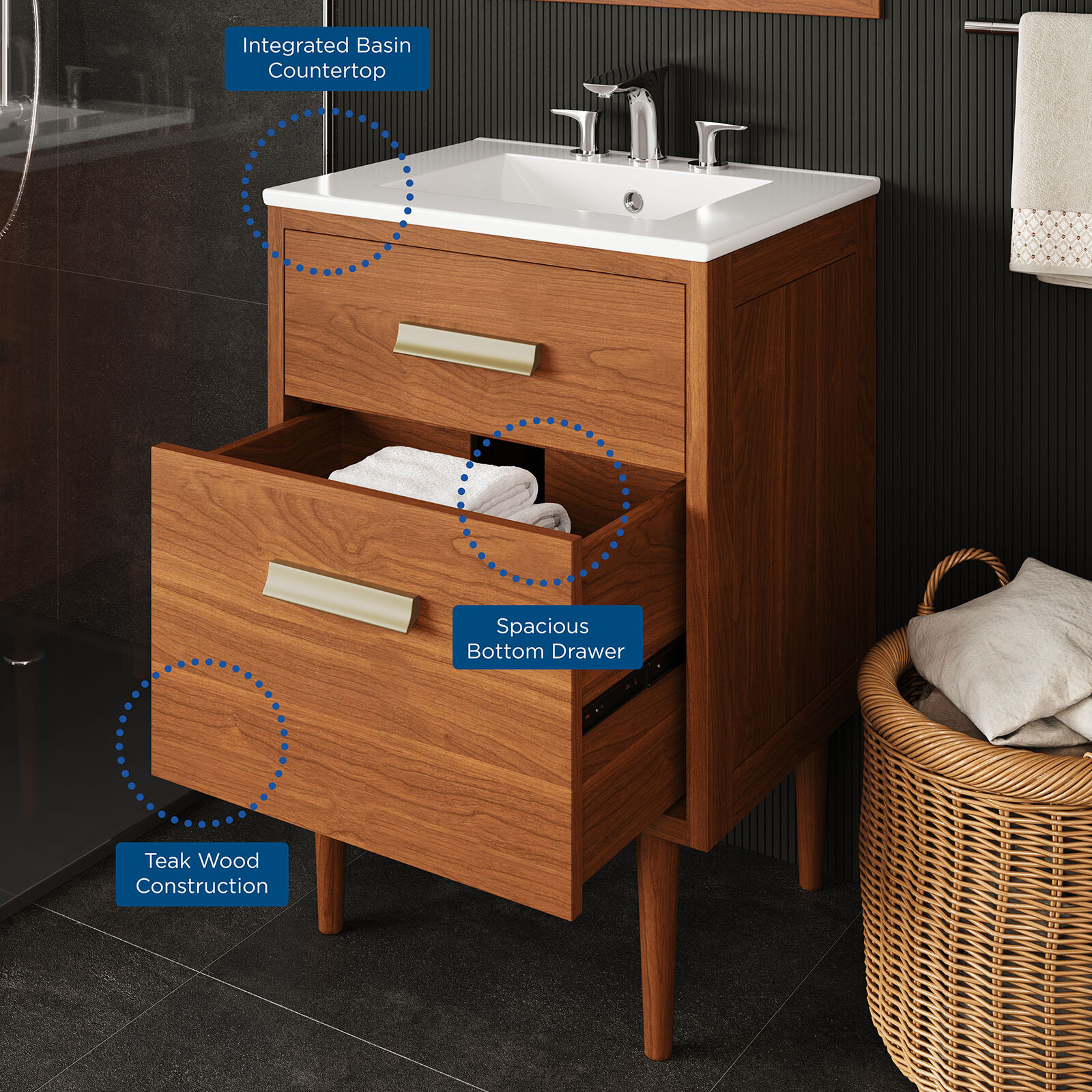 Modway Cassia 24″ Teak Wood Bathroom Vanity in Natural White