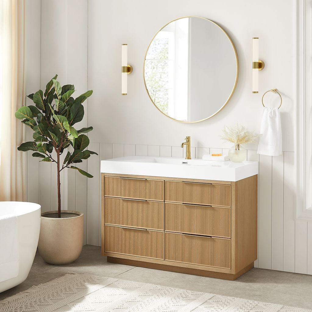 Hohhot 48″ Single Bath Vanity in Washed Ash Grey with White Stone Top