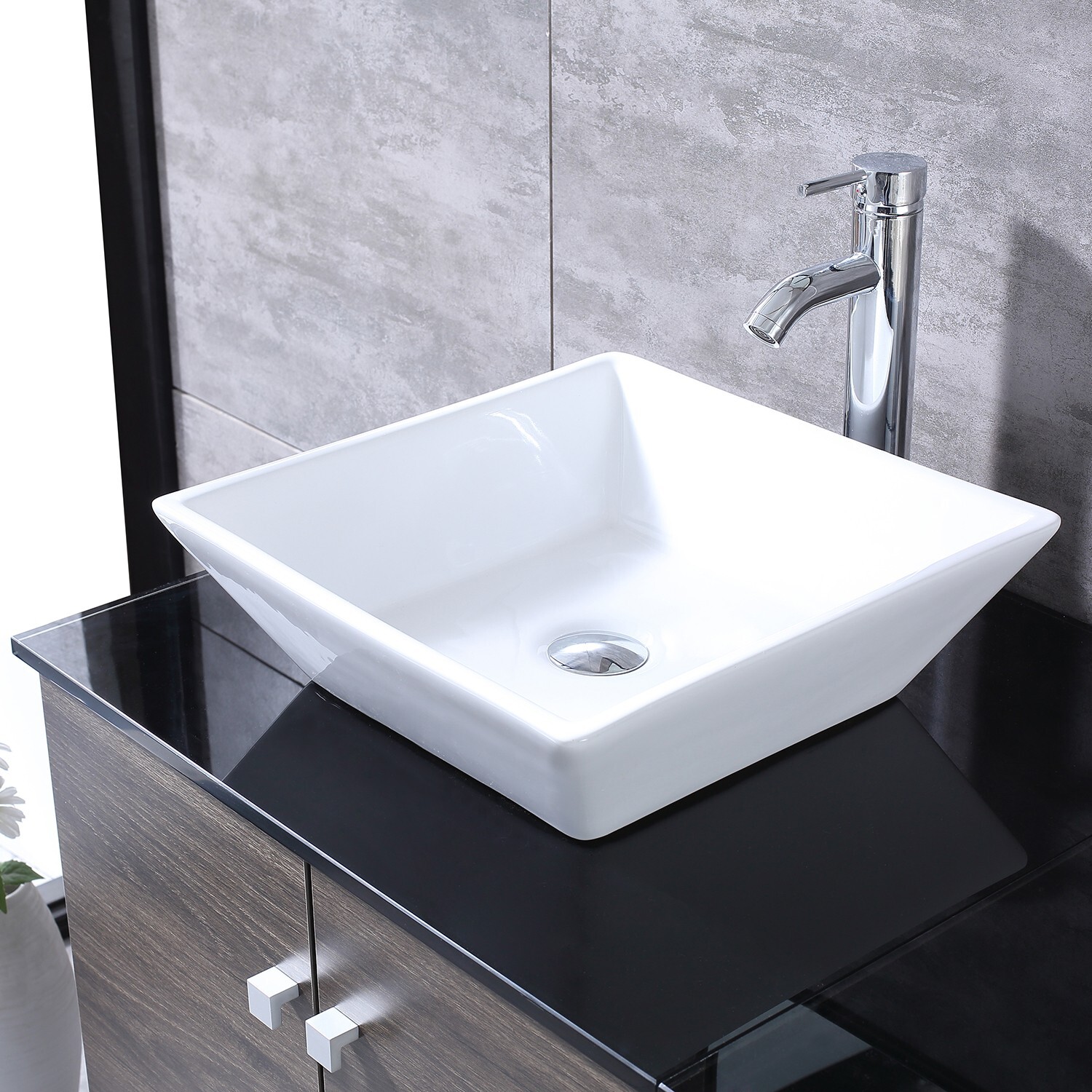 36inch Bathroom Vanity Single Cabinet 4 Ceramic Sink w/Black Glass Top Set Brown