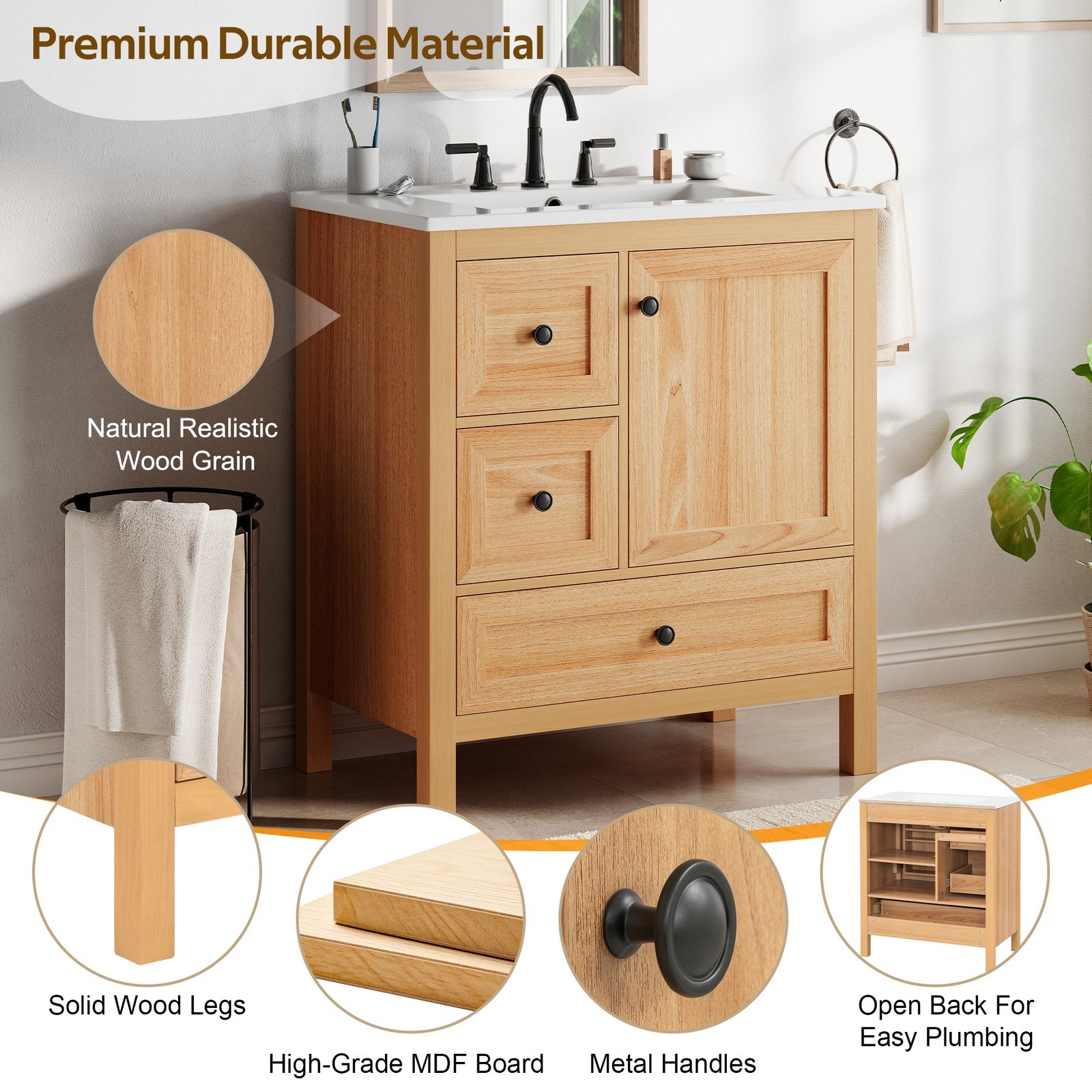 30″ Bathroom Vanity with Ceramic Sink Wood Grain Cabinet with Soft-Close Drawer
