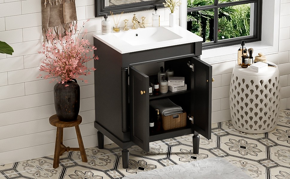 24″ Bathroom Vanity with Sink, Modern 2-Tier Storage Cabinet, Black