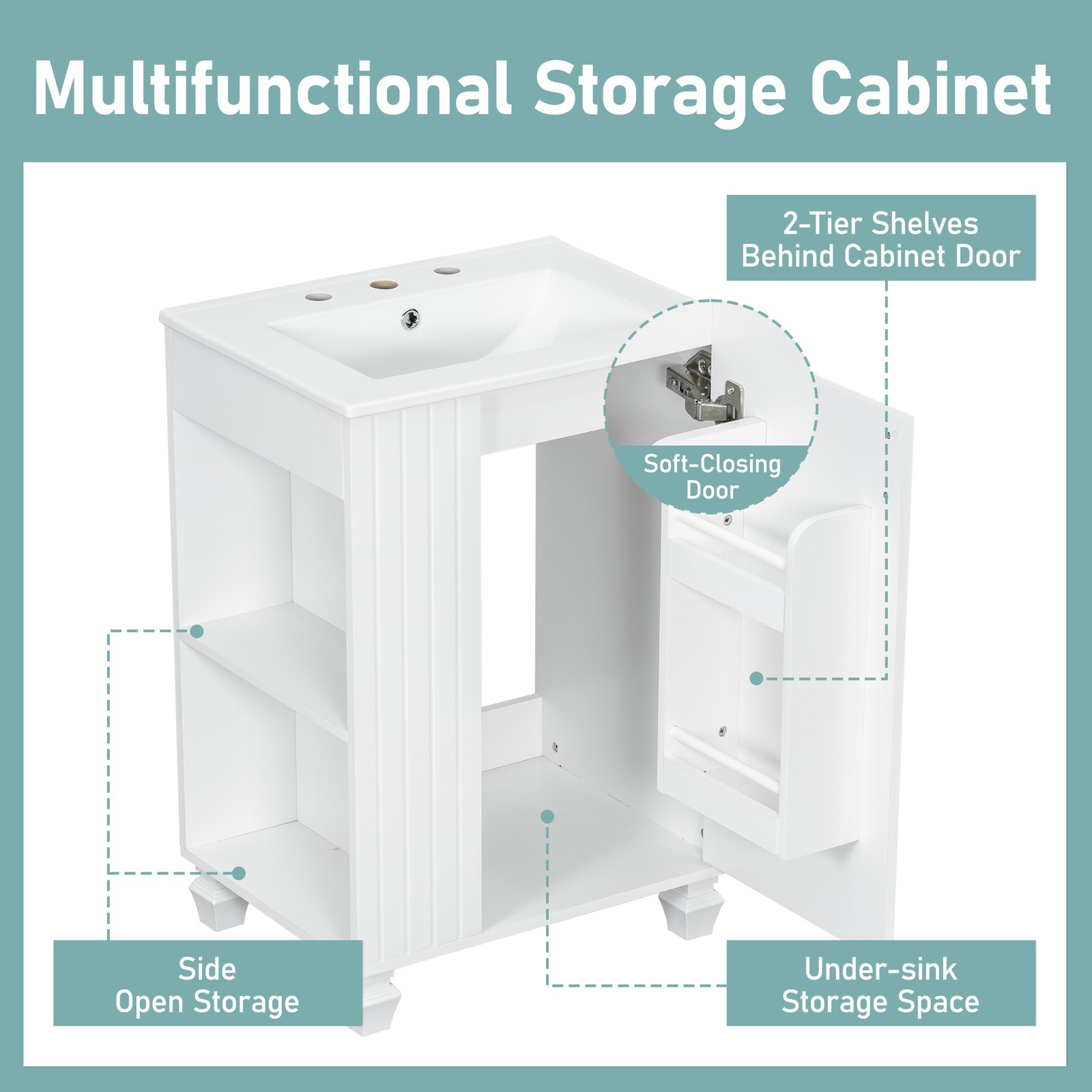 Dressing table with water trough frame, open storage, soft closed door