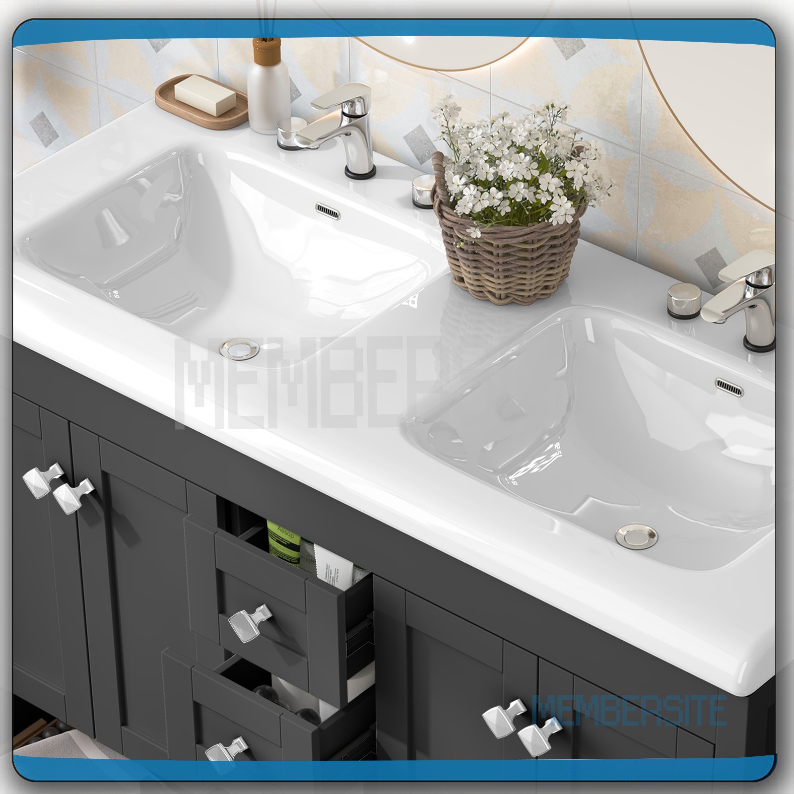 Black 47.3″ Bathroom Vanity Cabinet w/ 2 Ceramic Sinks Vanity Cabinet 6 Drawers