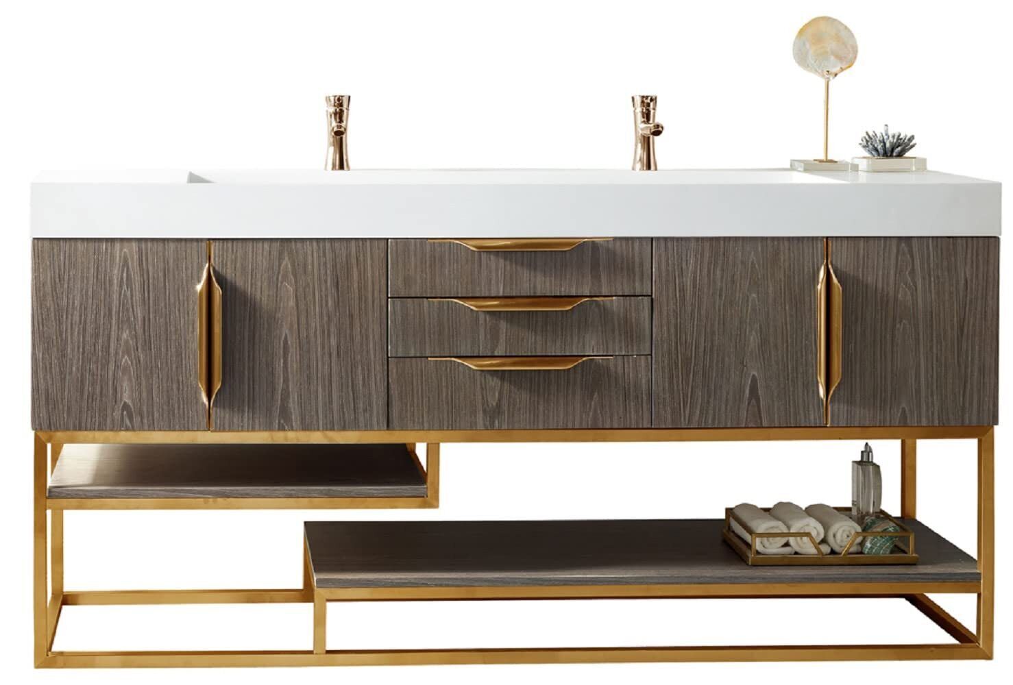 Columbia 72″ Double Vanity, Ash Gray, Radiant Gold w/Glossy White Solid Surface